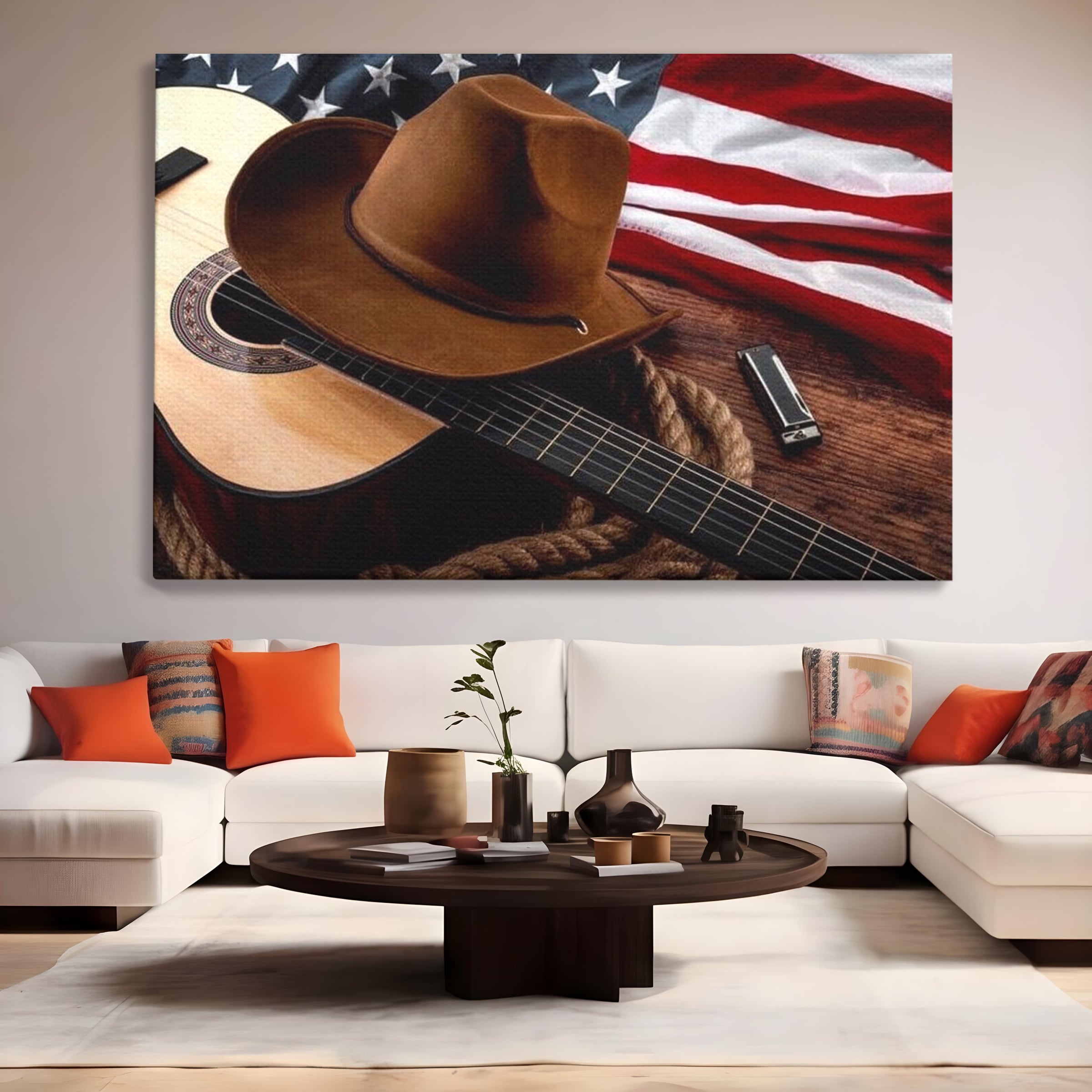 Tablou canvas cu tablou canvas cu palarie, chitara si drapel american, fara rama, pe sasiu de lemn, pe perete intr-un living